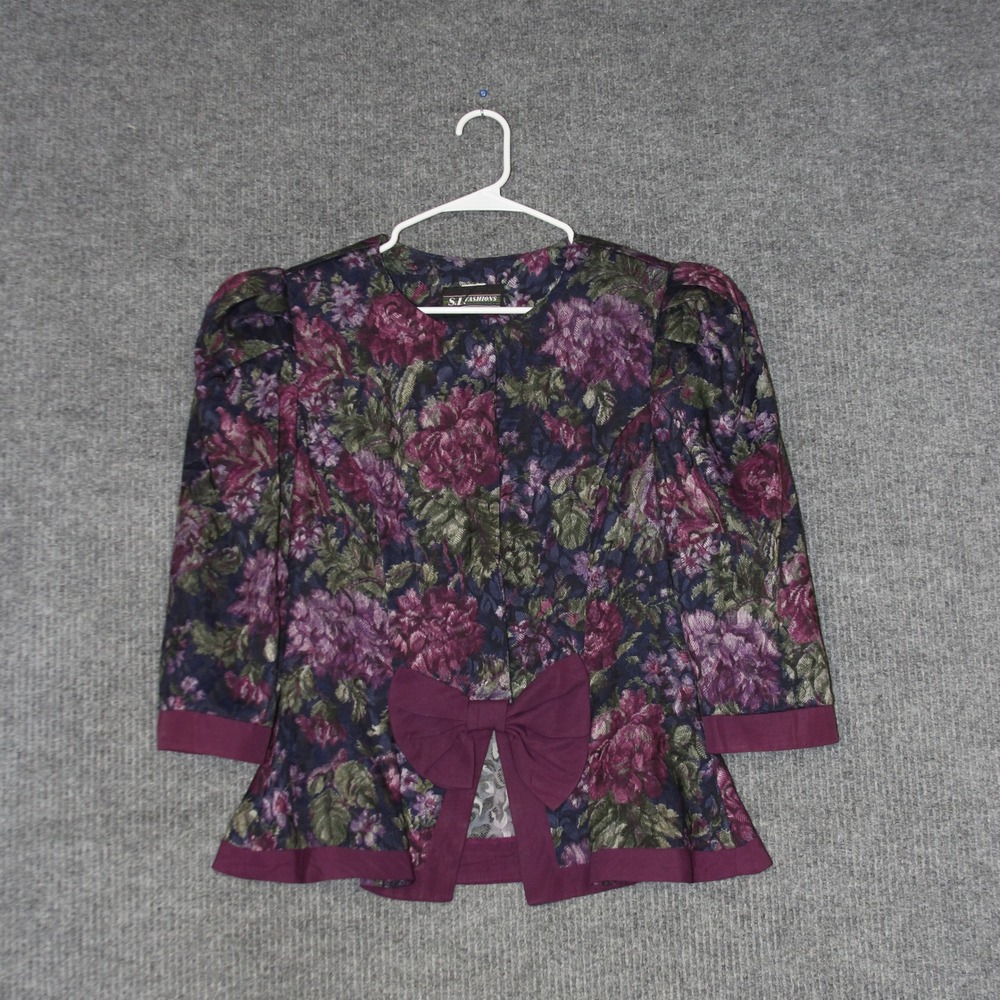 Vintage SL Fashions Blazer Women 14 Purple Floral Bow Front Three Quarter Sleeve